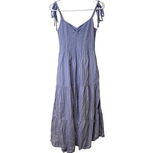 Madewell Linen-Blend Lucie Tie Strap Tiered Midi Dress Lavender Stripe Medium